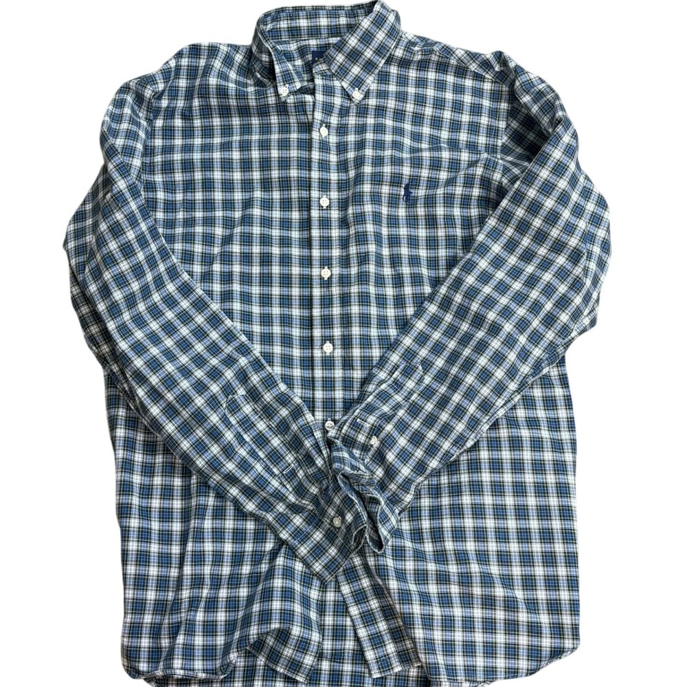 Polo Ralph Lauren Plaid Button Down Shirt Blue Green 16.5 Large